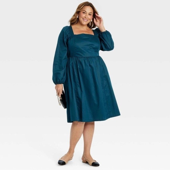 Ava & Viv Women's Balloon Long Sleeve Woven Midi A Line Dress Teal Size 1X - Picture 1 of 6